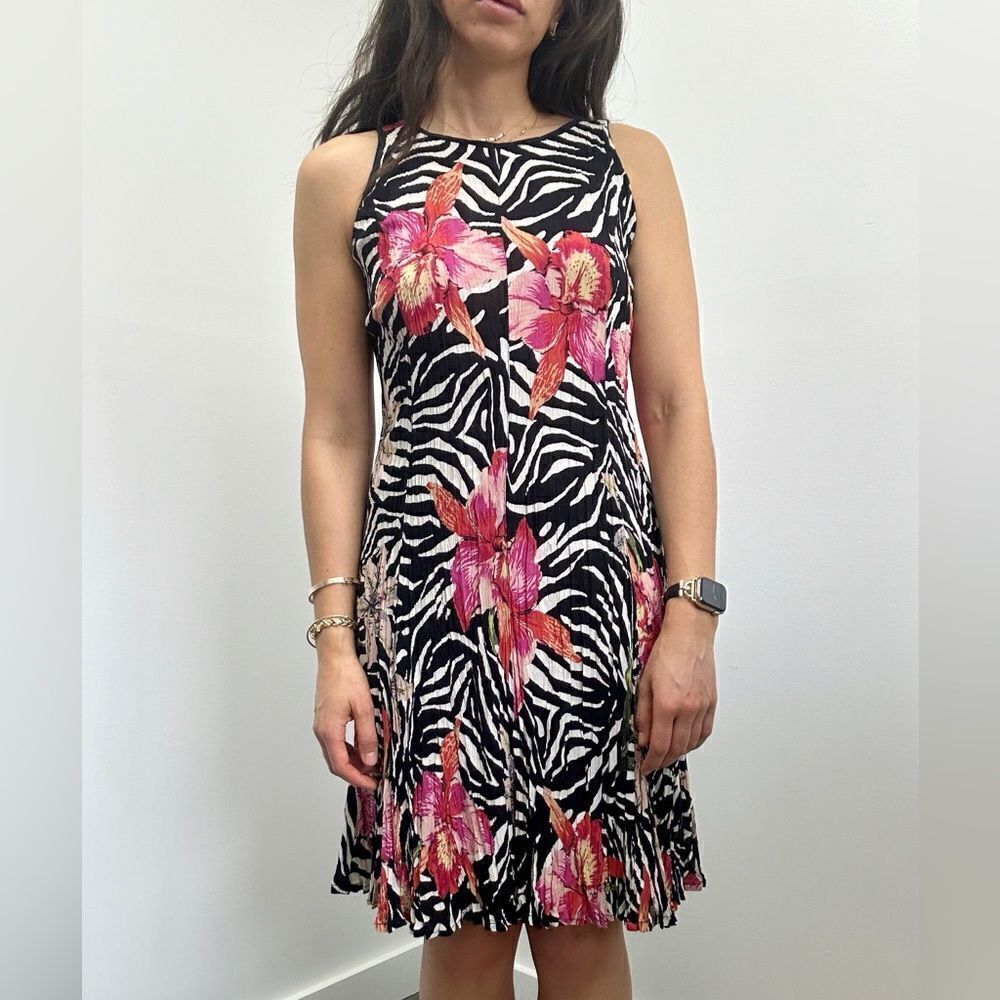 Vintage 90’s Deadstock Crinkle Fabric Sleeveless Zebra Print Floral Dress Size S